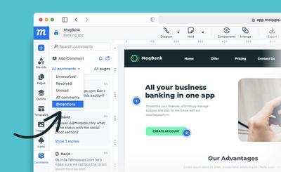Image showing new functionality for filtering comments by mentions, in Moqups.
