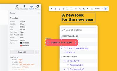 Stylized image showing the redesign Moqups Handoff Panel, the updated contextual toolbars and purple coloured components. 
