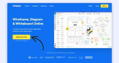Moqups landing page with arrow pointing to Sign up for free button