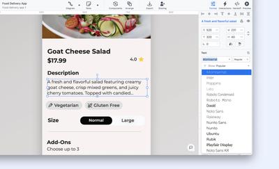 Moqups fonts dropdown showing a list of most popular fonts