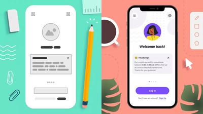 Side by side comparison of low fidelity and high fidelity design of an app welcome screen